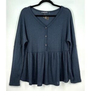 Glitzy Girlz L Navy Blue Waffle Knit Babydoll Henley Peplum Top Boho Cottagecore